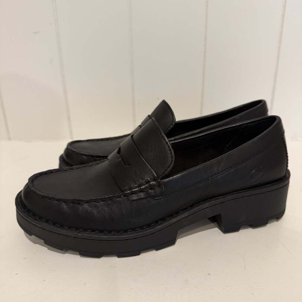 Born Carrera Black Leather Chunky Lug Sole Platform Penny Loafers